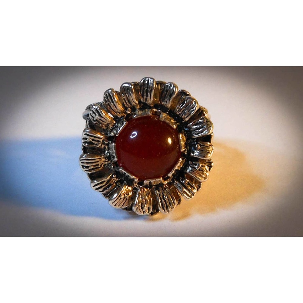 Vintage Sterling Silver Red Carnelian Flower Ring Band , Art Deco Style Size 8.5
